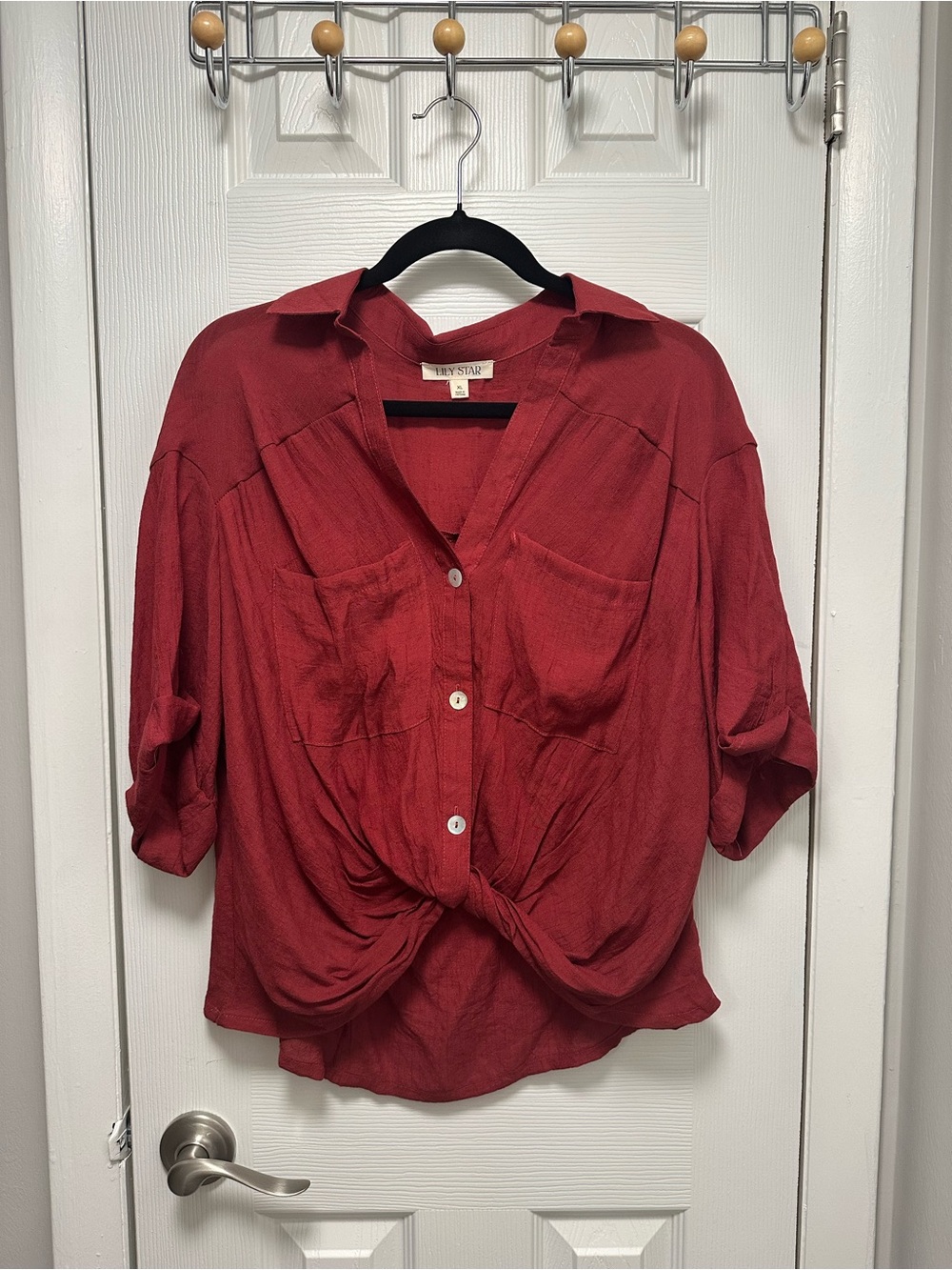 Lily Star Red Button-Front Knot Shirt